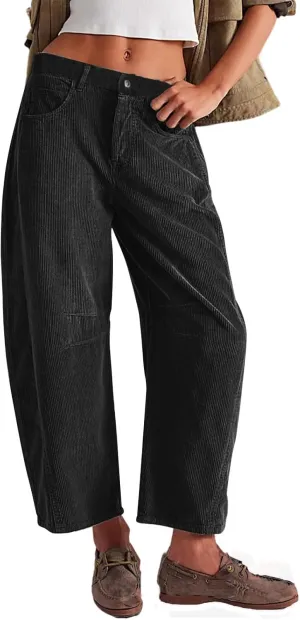 Faretumiya Women Corduroy Pants Mid Elastic Waist Baggy Jeans Wide Leg Boyfriend Cord Pants Pocketed Harem Cord Trousers