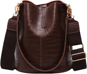 Fashionable Leather Bucket Bag for Women - Classic Crocodile Pattern Crossbody Shoulder Handbag (Brown)
