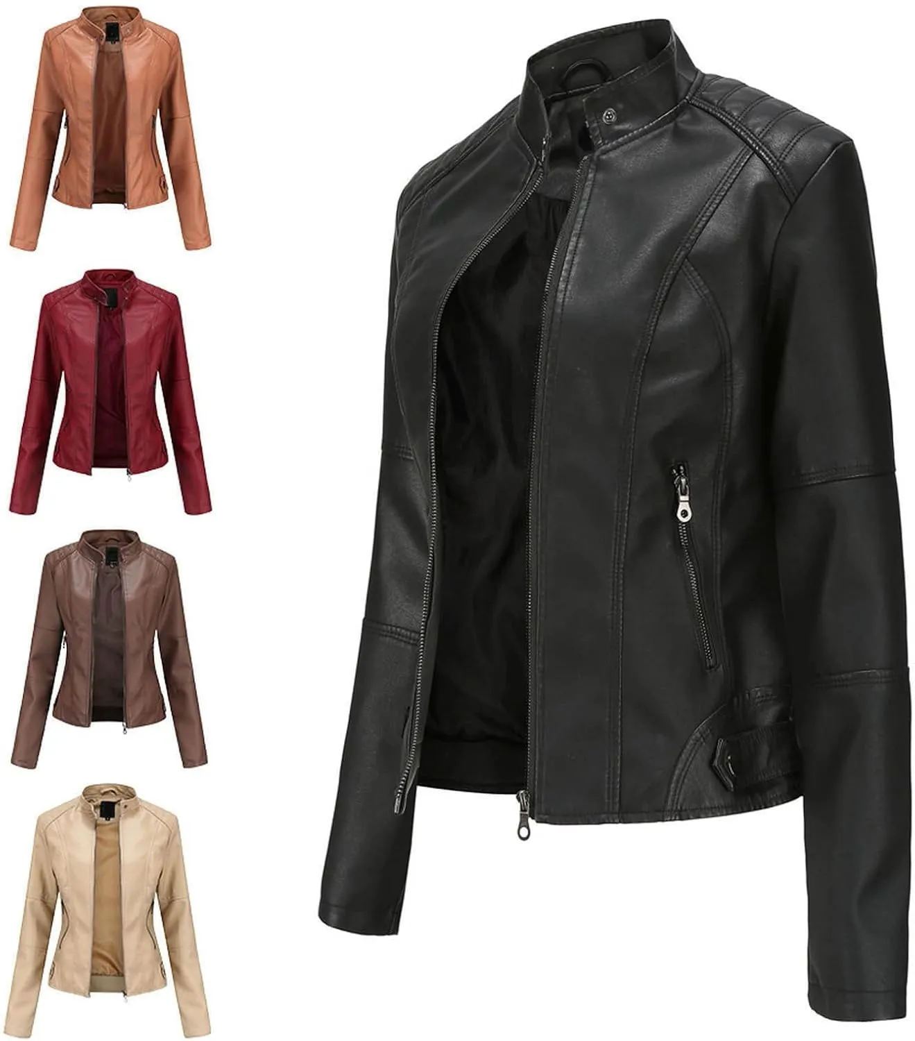 Faux Leather Jackets Women Full Zip Long Sleeve Solid Moto Jacket Trendy Casual Slim Fit Short Coat with Pockets