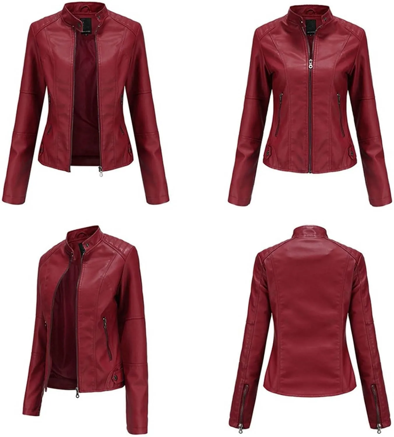 Faux Leather Jackets Women Full Zip Long Sleeve Solid Moto Jacket Trendy Casual Slim Fit Short Coat with Pockets