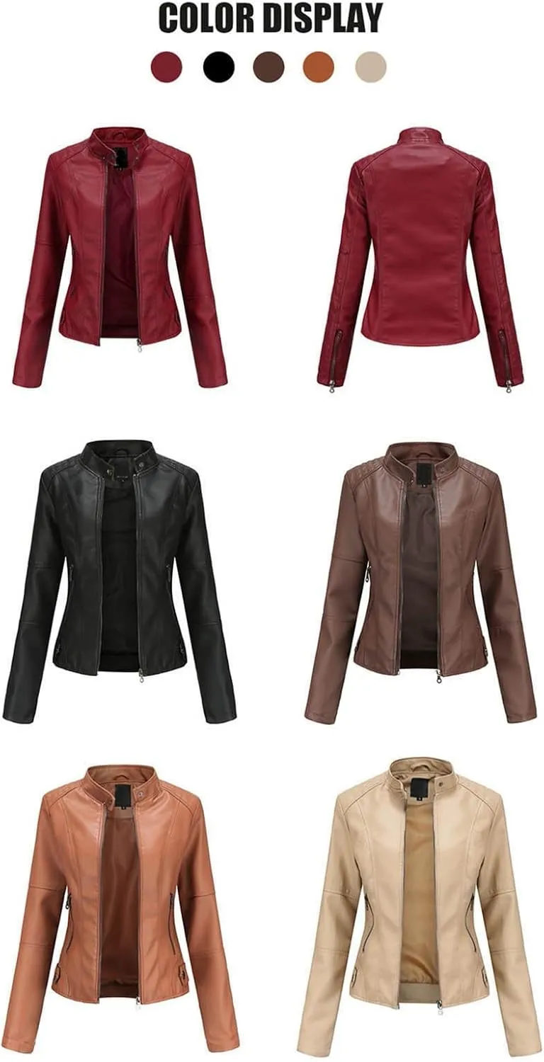 Faux Leather Jackets Women Full Zip Long Sleeve Solid Moto Jacket Trendy Casual Slim Fit Short Coat with Pockets