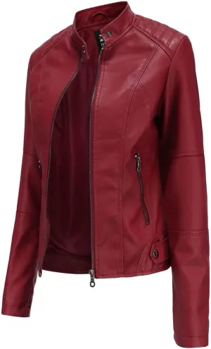 Faux Leather Jackets Women Full Zip Long Sleeve Solid Moto Jacket Trendy Casual Slim Fit Short Coat with Pockets