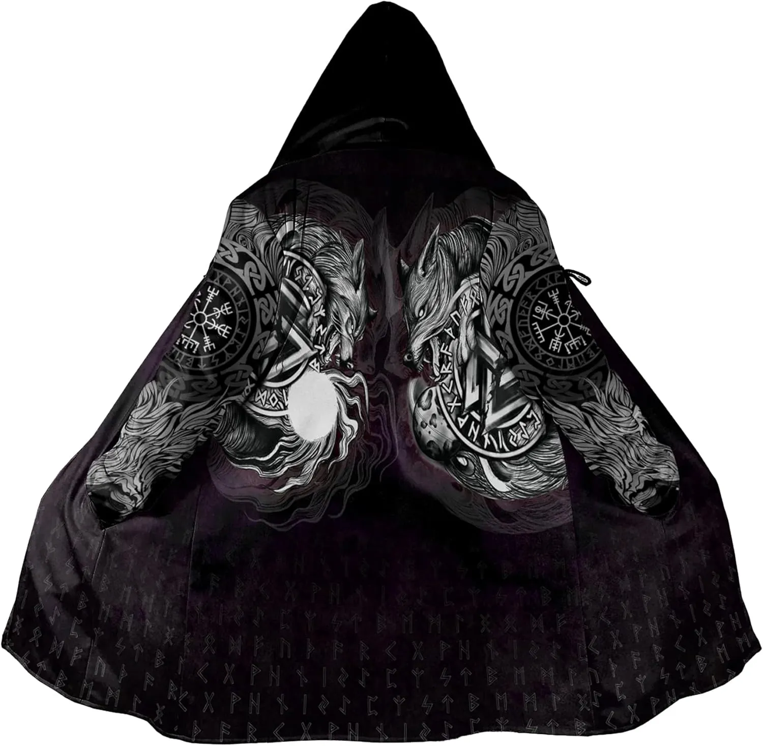 Fenrir Wolf Mythical Men's Winter Shearling Thick Warm Hooded Cloak Viking Tattoos Coats Mid-Length Trendy Coatume