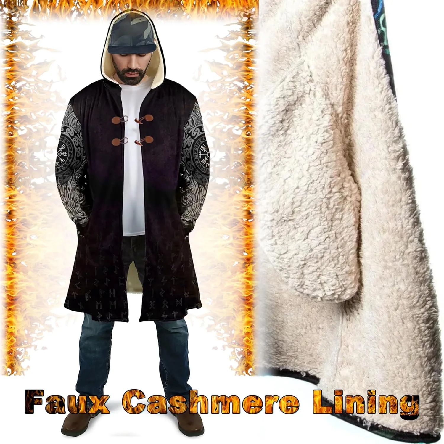 Fenrir Wolf Mythical Men's Winter Shearling Thick Warm Hooded Cloak Viking Tattoos Coats Mid-Length Trendy Coatume
