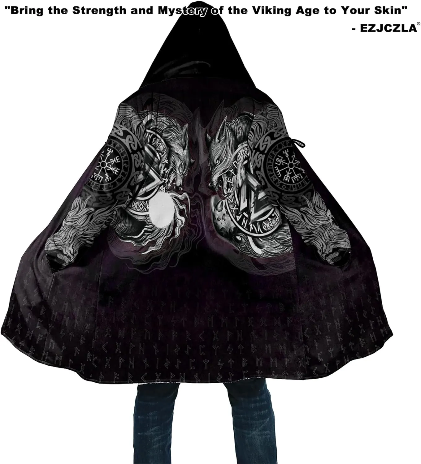 Fenrir Wolf Mythical Men's Winter Shearling Thick Warm Hooded Cloak Viking Tattoos Coats Mid-Length Trendy Coatume