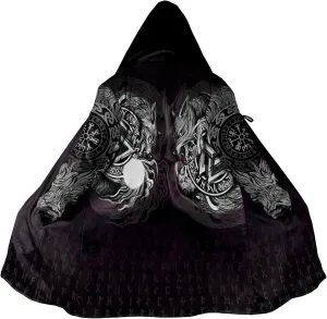 Fenrir Wolf Mythical Men's Winter Shearling Thick Warm Hooded Cloak Viking Tattoos Coats Mid-Length Trendy Coatume