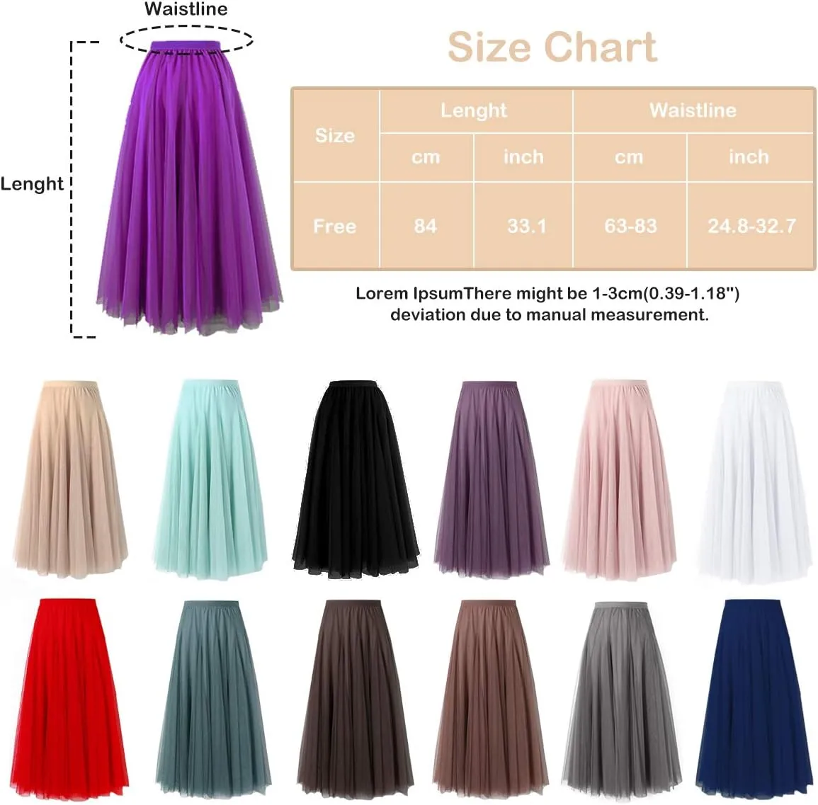 FEOYA Women Tutu Tulle Skirt A-Line Fairy Pleated Elastic Waist Maxi Midi Tea Length Party Evening Summer Casual Skirt
