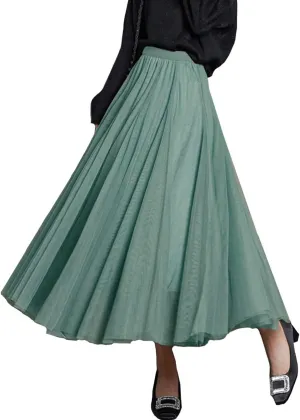 FEOYA Women Tutu Tulle Skirt A-Line Fairy Pleated Elastic Waist Maxi Midi Tea Length Party Evening Summer Casual Skirt