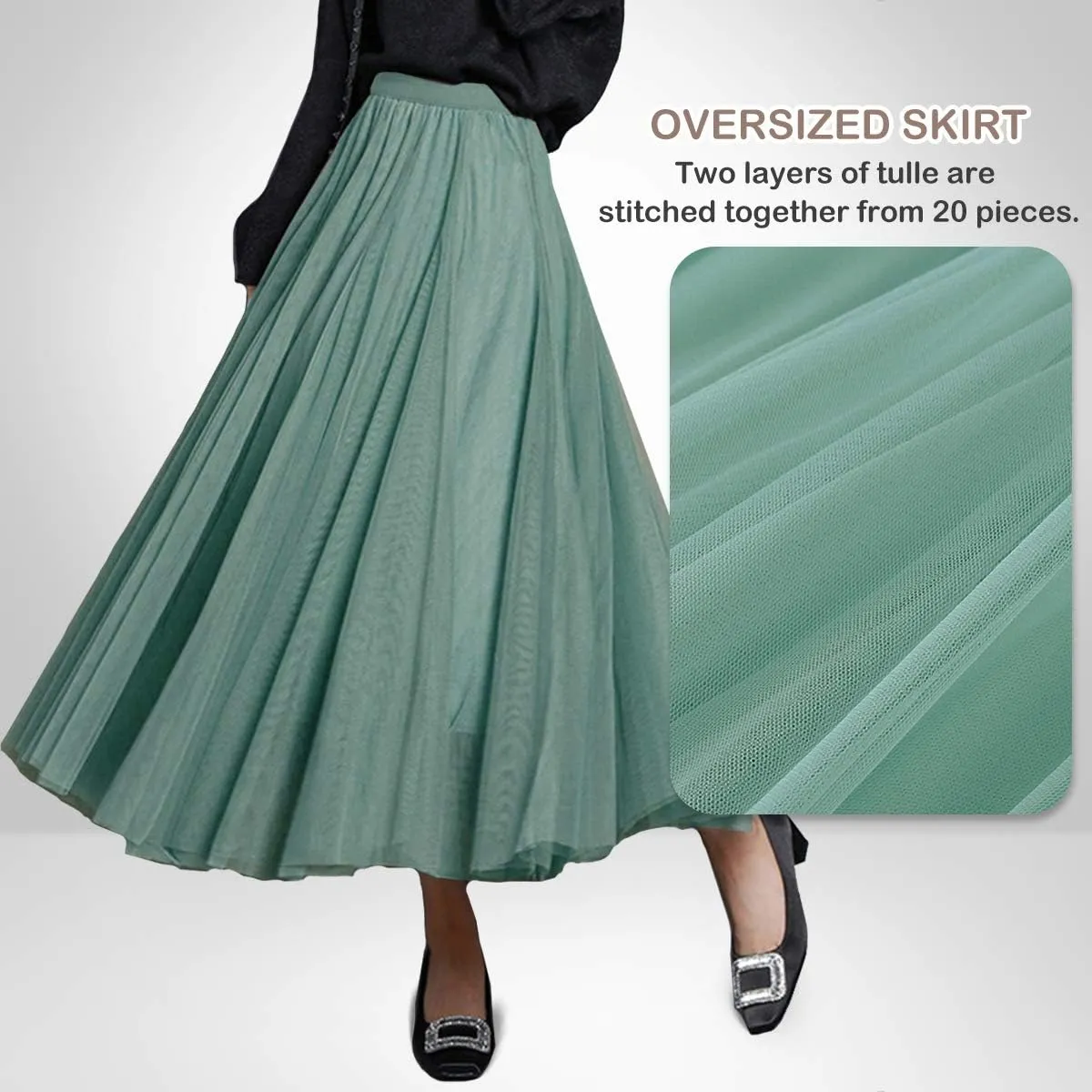 FEOYA Women Tutu Tulle Skirt A-Line Fairy Pleated Elastic Waist Maxi Midi Tea Length Party Evening Summer Casual Skirt