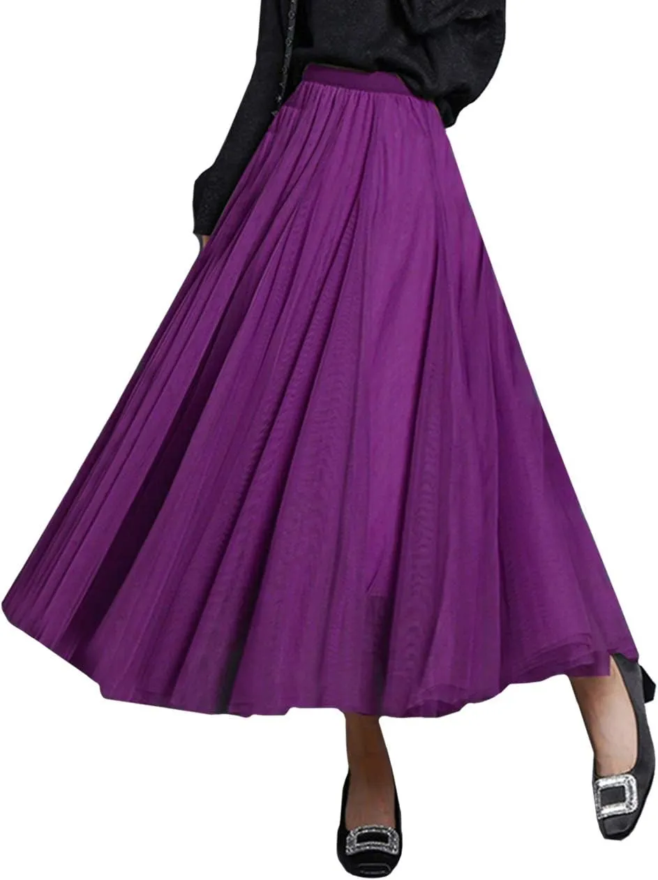 FEOYA Women Tutu Tulle Skirt A-Line Fairy Pleated Elastic Waist Maxi Midi Tea Length Party Evening Summer Casual Skirt