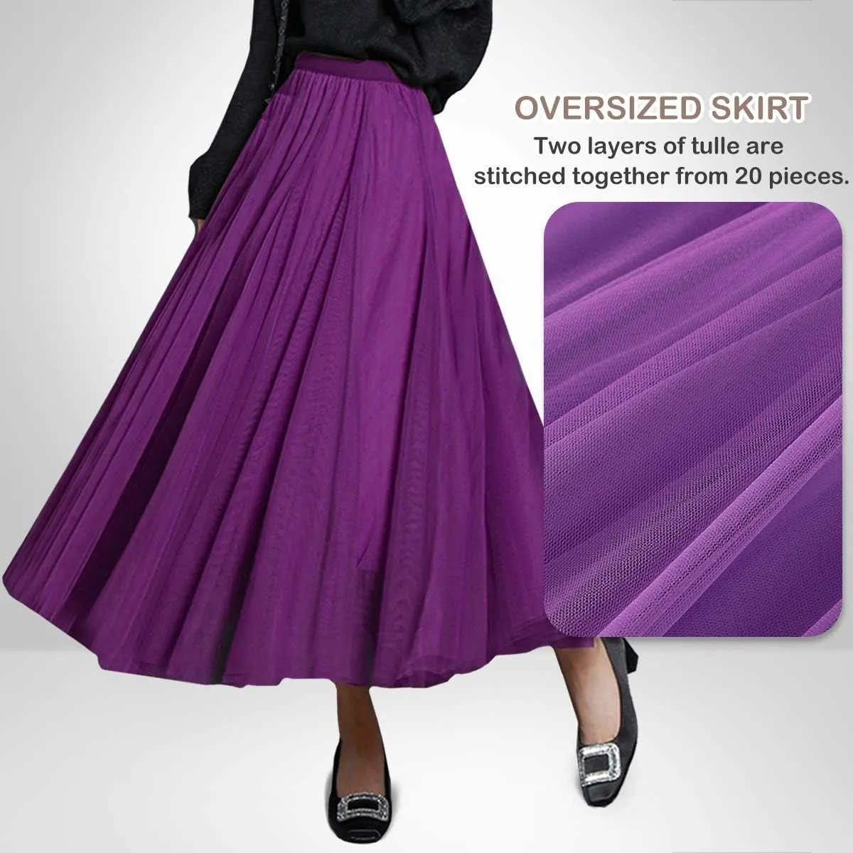 FEOYA Women Tutu Tulle Skirt A-Line Fairy Pleated Elastic Waist Maxi Midi Tea Length Party Evening Summer Casual Skirt