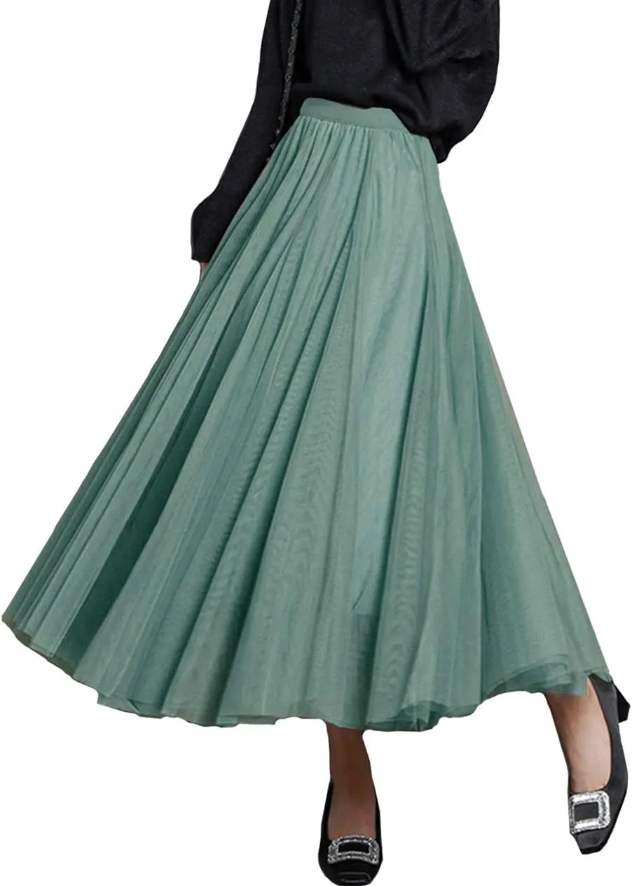 FEOYA Women Tutu Tulle Skirt A-Line Fairy Pleated Elastic Waist Maxi Midi Tea Length Party Evening Summer Casual Skirt
