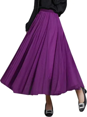 FEOYA Women Tutu Tulle Skirt A-Line Fairy Pleated Elastic Waist Maxi Midi Tea Length Party Evening Summer Casual Skirt