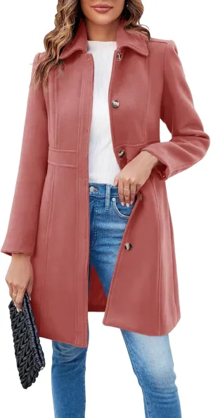 Fisoew Women's Elegant Single Breasted Coat Long Sleeve Mid Winter Overcoat Work Office Pea Coats