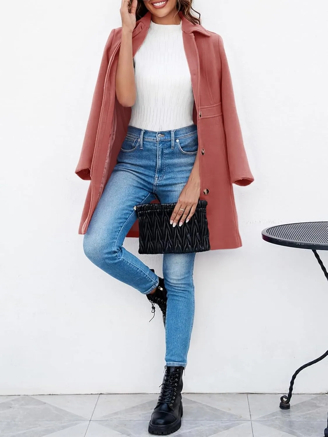 Fisoew Women's Elegant Single Breasted Coat Long Sleeve Mid Winter Overcoat Work Office Pea Coats
