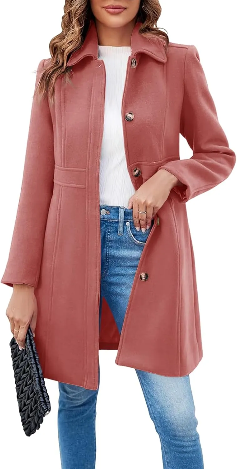 Fisoew Women's Elegant Single Breasted Coat Long Sleeve Mid Winter Overcoat Work Office Pea Coats