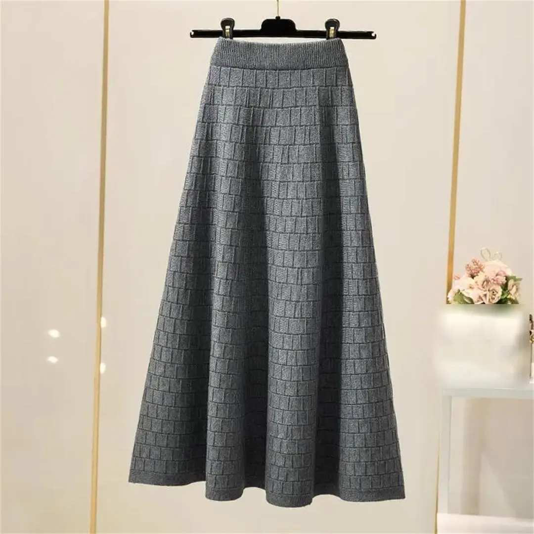 Fjnbbiot Autumn Winter Women's Fashion Midi Skirt High Waist Pleated Knitted Thick Warm A-Line Skirts