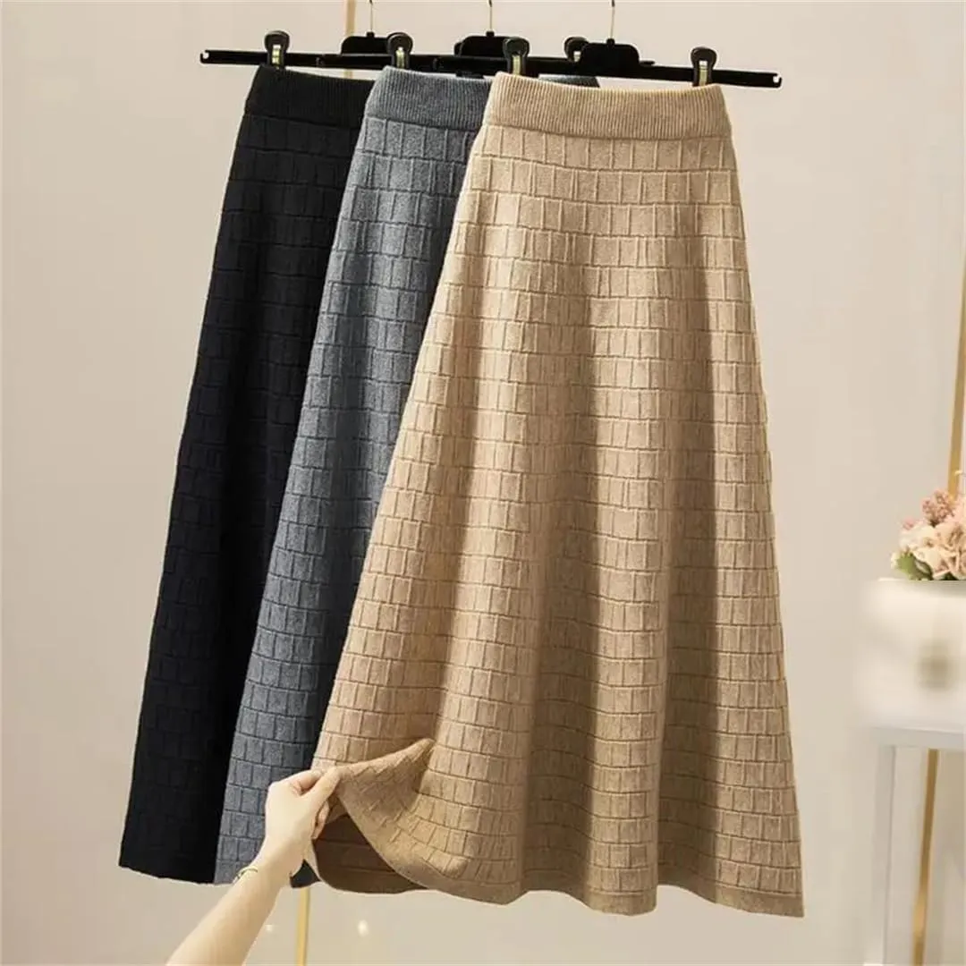 Fjnbbiot Autumn Winter Women's Fashion Midi Skirt High Waist Pleated Knitted Thick Warm A-Line Skirts