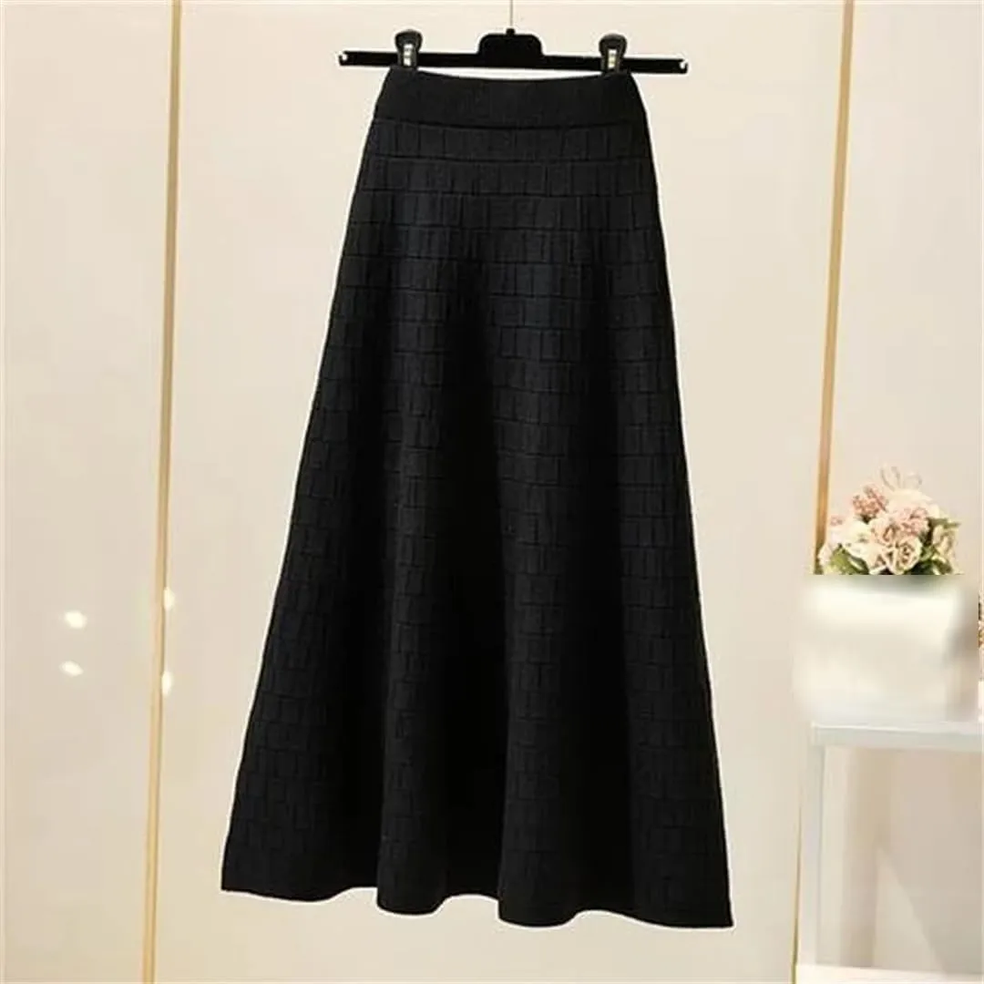 Fjnbbiot Autumn Winter Women's Fashion Midi Skirt High Waist Pleated Knitted Thick Warm A-Line Skirts