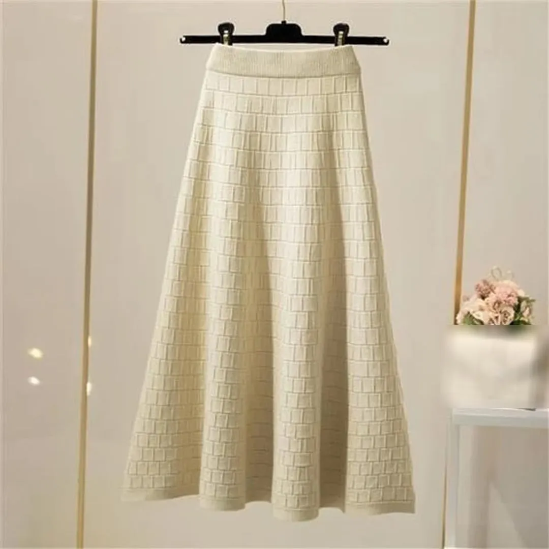 Fjnbbiot Autumn Winter Women's Fashion Midi Skirt High Waist Pleated Knitted Thick Warm A-Line Skirts