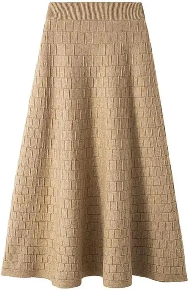 Fjnbbiot Autumn Winter Women's Fashion Midi Skirt High Waist Pleated Knitted Thick Warm A-Line Skirts