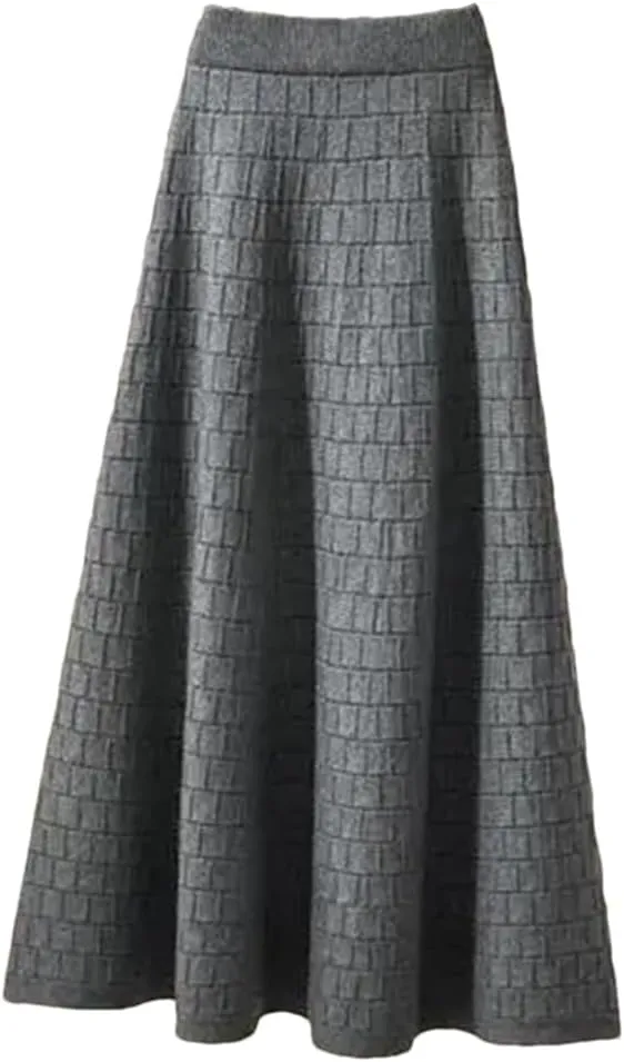 Fjnbbiot Autumn Winter Women's Fashion Midi Skirt High Waist Pleated Knitted Thick Warm A-Line Skirts