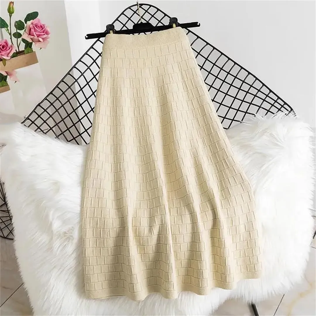 Fjnbbiot Autumn Winter Women's Fashion Midi Skirt High Waist Pleated Knitted Thick Warm A-Line Skirts
