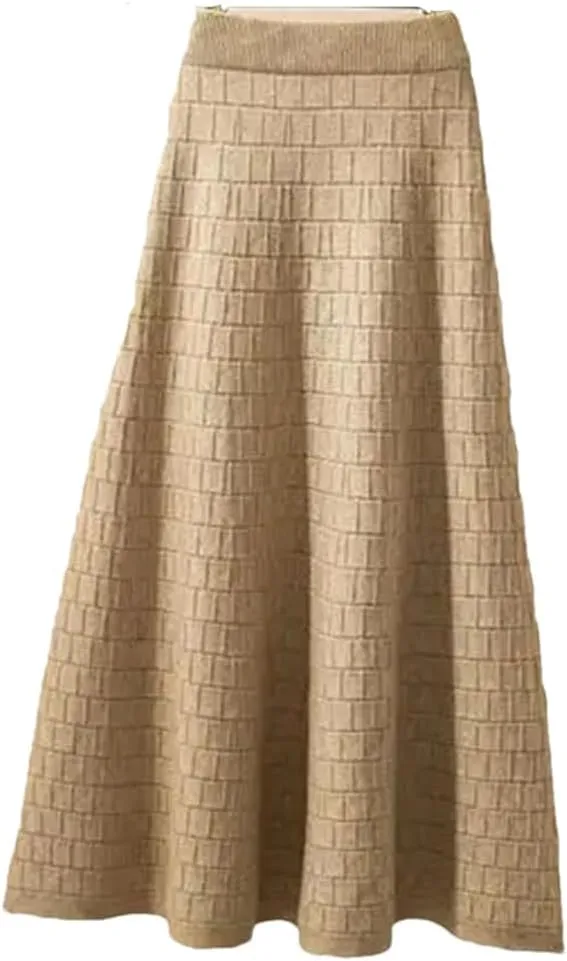 Fjnbbiot Autumn Winter Women's Fashion Midi Skirt High Waist Pleated Knitted Thick Warm A-Line Skirts