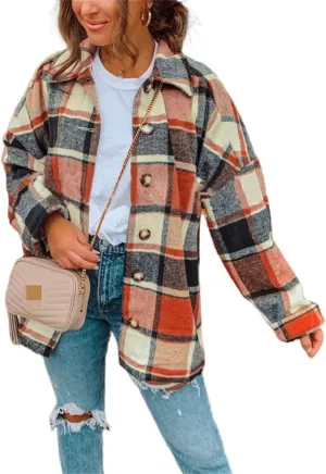 Flannel Shirts for Women Soft Plaid Shacket Button Down Wool Blend Jacket Oversized Long Sleeve Casual Shirt Tops