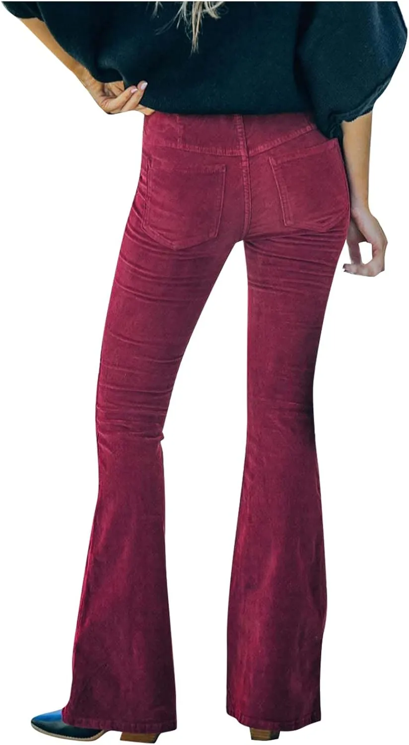 Flare Corduroy Pants for Women High Waisted Wide Leg Pants Elastic Waist Pull On Bell Bottoms Front Seam Slacks