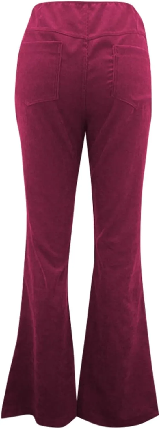 Flare Corduroy Pants for Women High Waisted Wide Leg Pants Elastic Waist Pull On Bell Bottoms Front Seam Slacks