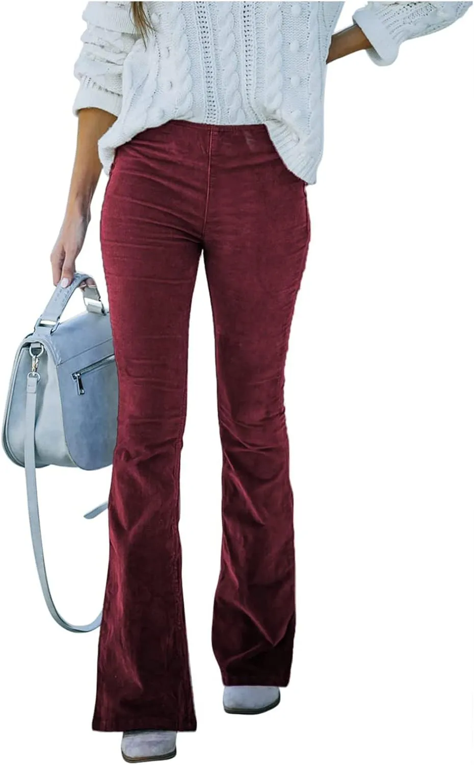 Flare Corduroy Pants for Women High Waisted Wide Leg Pants Elastic Waist Pull On Bell Bottoms Front Seam Slacks