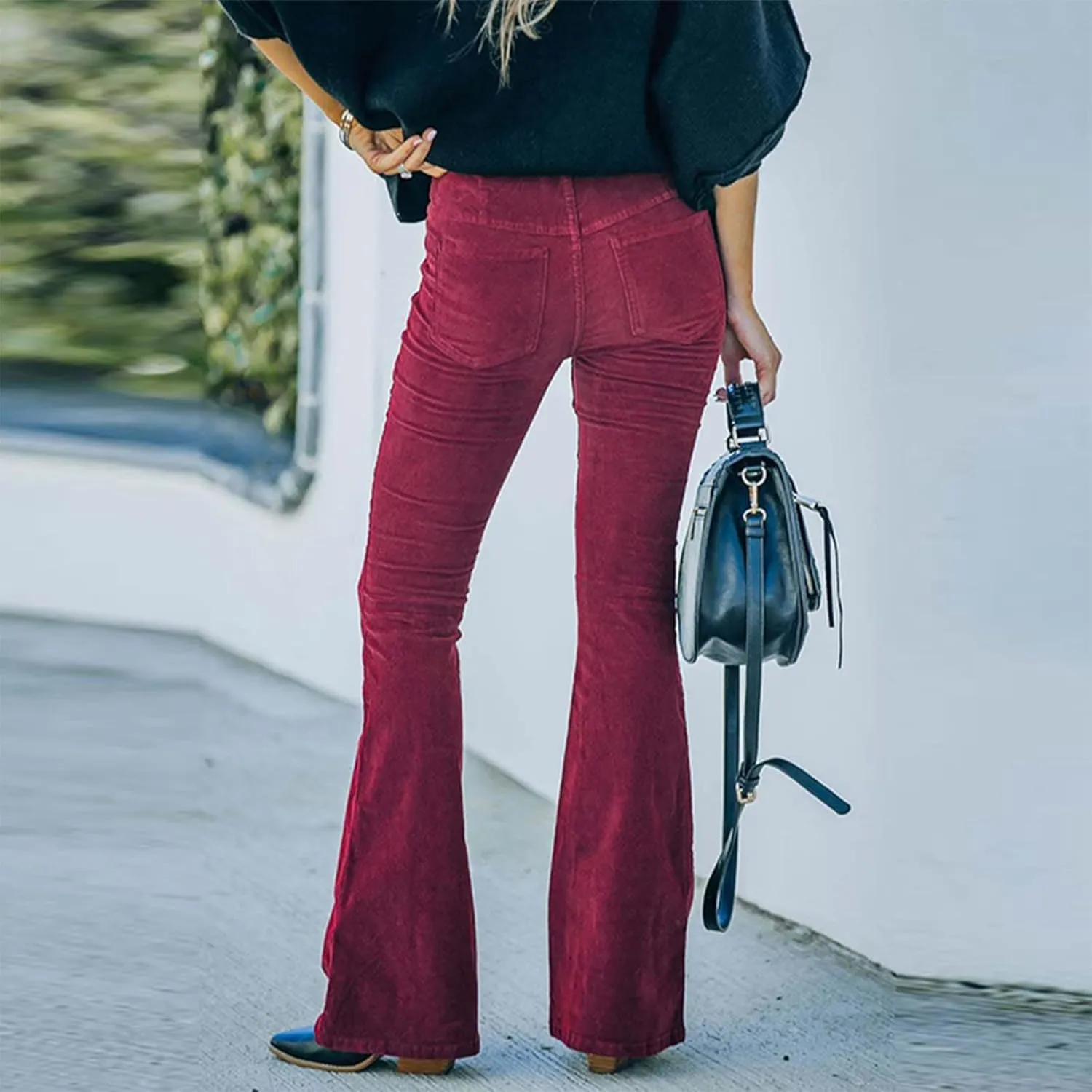 Flare Corduroy Pants for Women High Waisted Wide Leg Pants Elastic Waist Pull On Bell Bottoms Front Seam Slacks