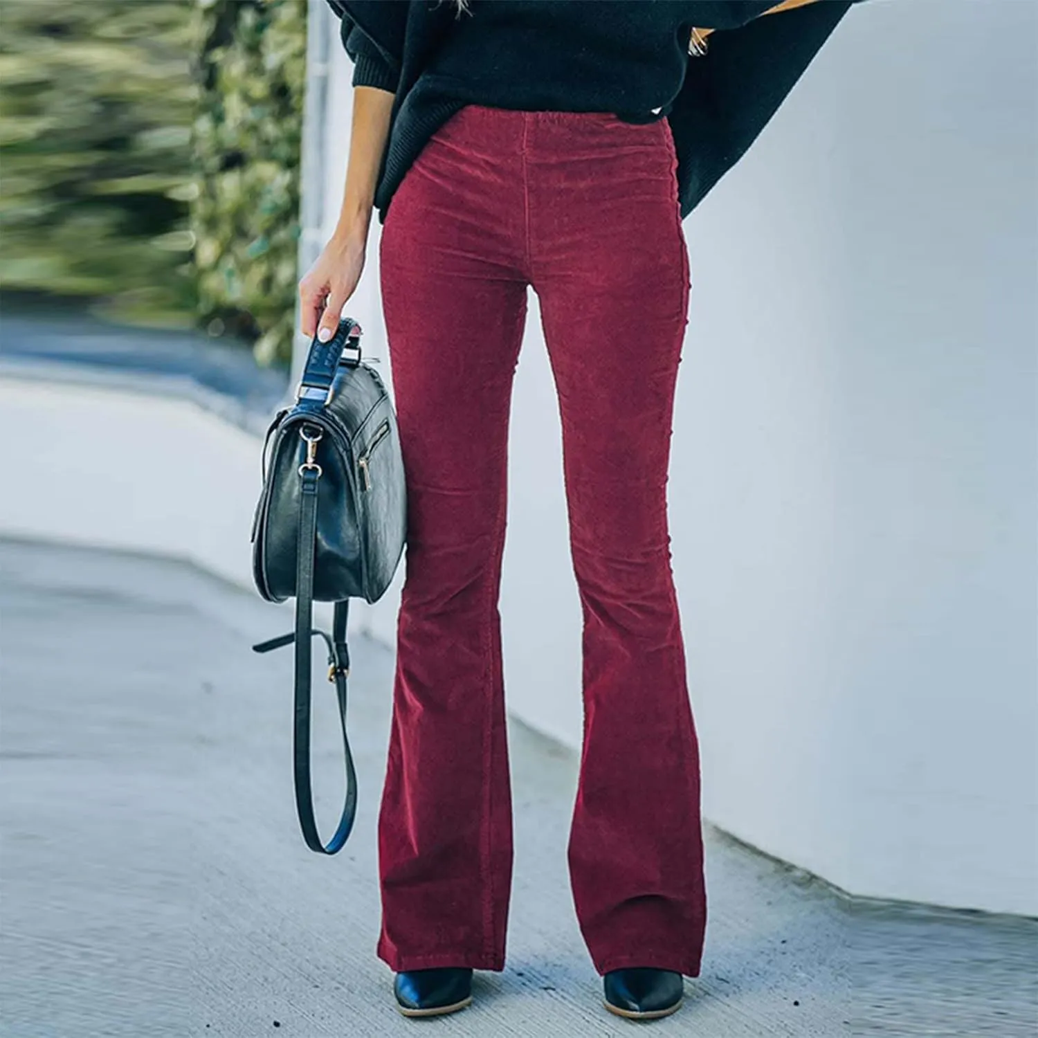 Flare Corduroy Pants for Women High Waisted Wide Leg Pants Elastic Waist Pull On Bell Bottoms Front Seam Slacks