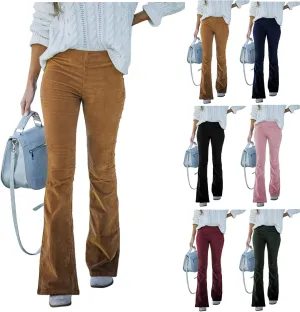 Flare Corduroy Pants for Women High Waisted Wide Leg Pants Elastic Waist Pull On Bell Bottoms Front Seam Slacks