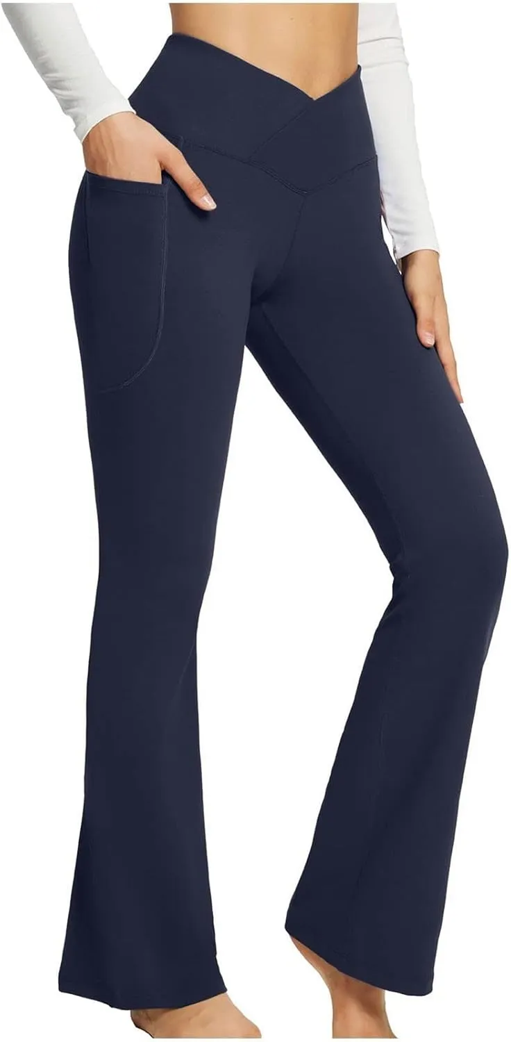 Flare Yoga Pants for Women V Neck High Waisted Tummy Control Pants Skinny Stretch Butt Lifting Pull on Pants with Pockets