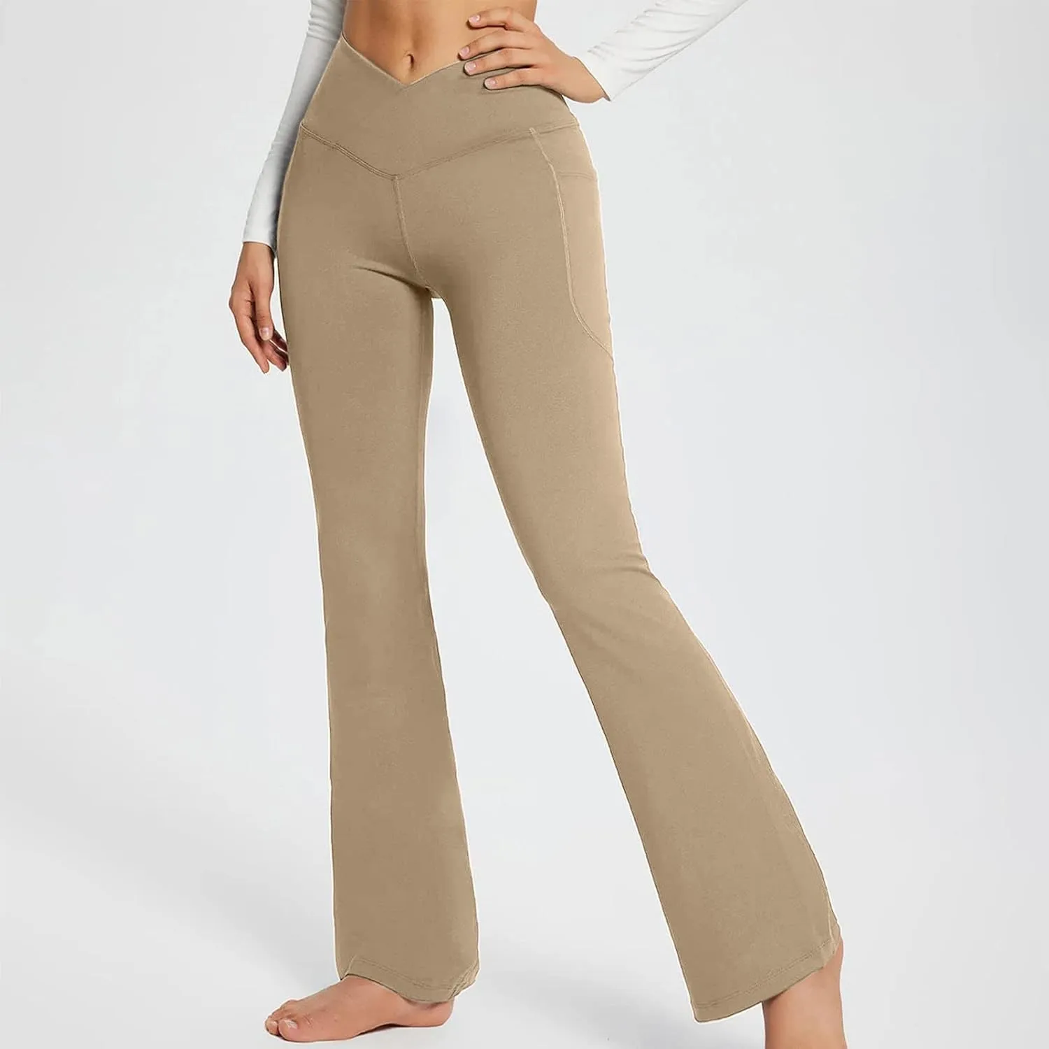 Flare Yoga Pants for Women V Neck High Waisted Tummy Control Pants Skinny Stretch Butt Lifting Pull on Pants with Pockets