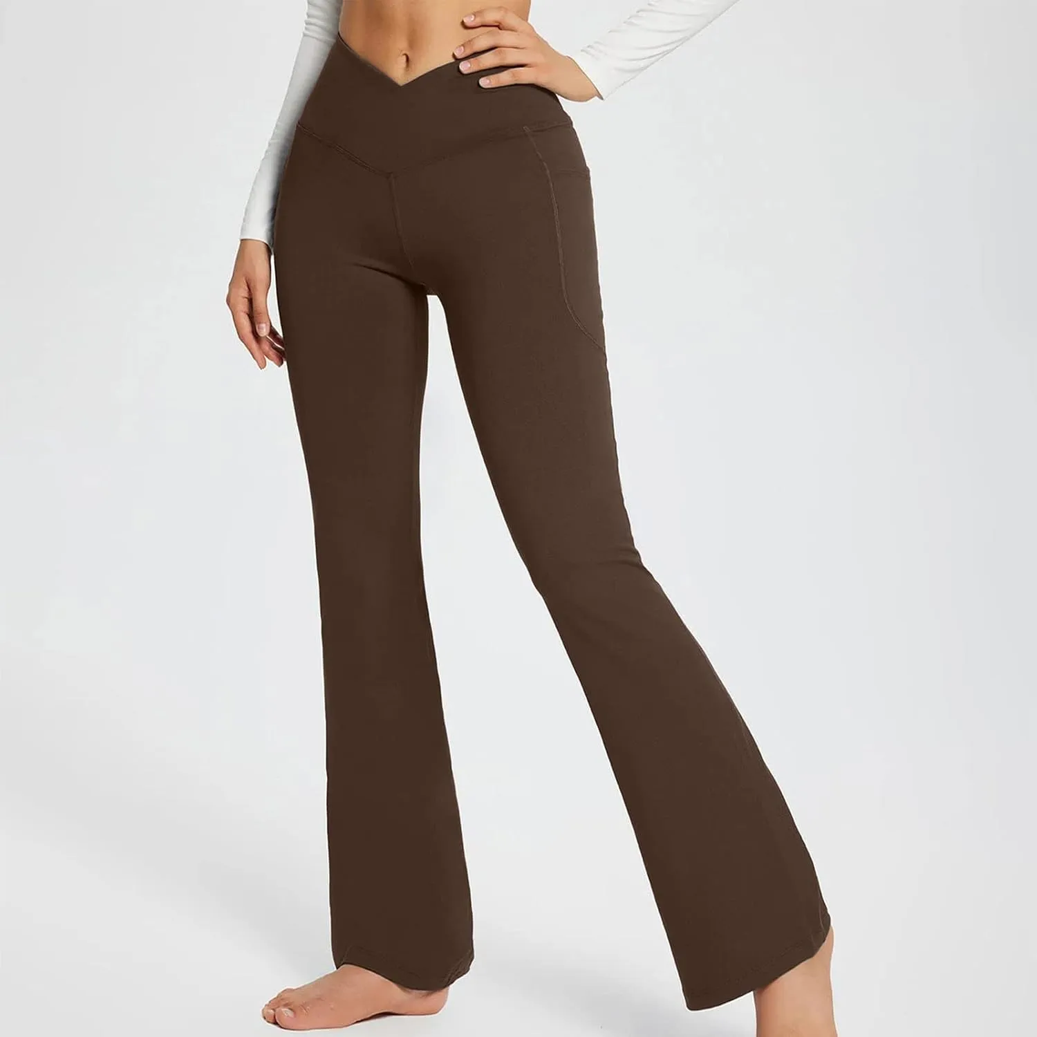 Flare Yoga Pants for Women V Neck High Waisted Tummy Control Pants Skinny Stretch Butt Lifting Pull on Pants with Pockets