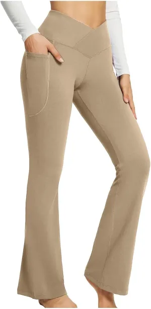 Flare Yoga Pants for Women V Neck High Waisted Tummy Control Pants Skinny Stretch Butt Lifting Pull on Pants with Pockets