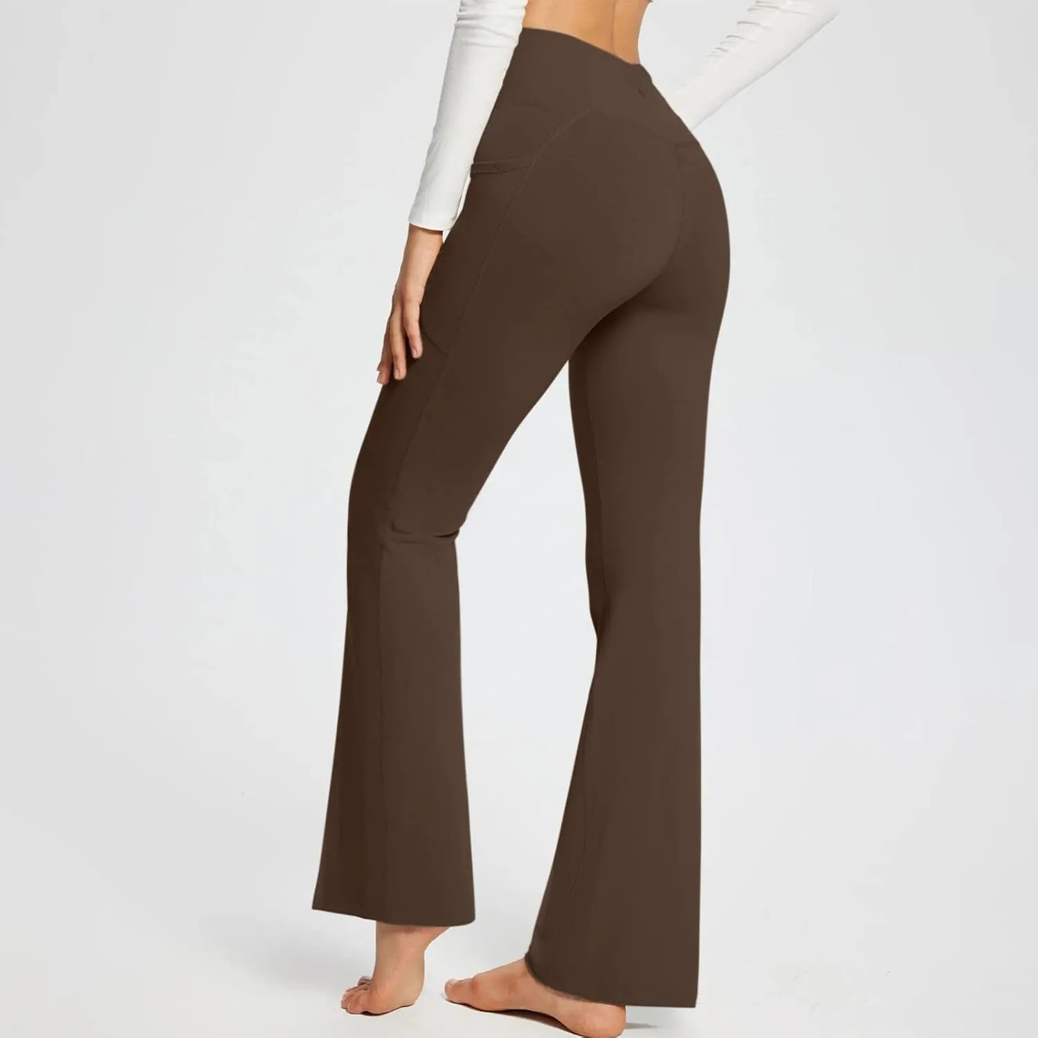 Flare Yoga Pants for Women V Neck High Waisted Tummy Control Pants Skinny Stretch Butt Lifting Pull on Pants with Pockets