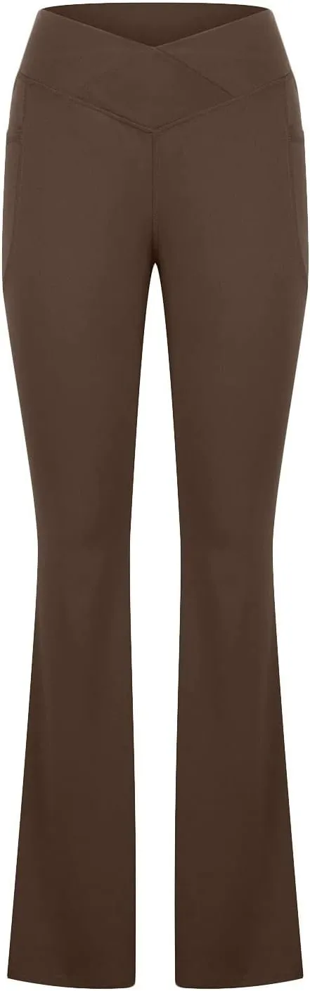 Flare Yoga Pants for Women V Neck High Waisted Tummy Control Pants Skinny Stretch Butt Lifting Pull on Pants with Pockets