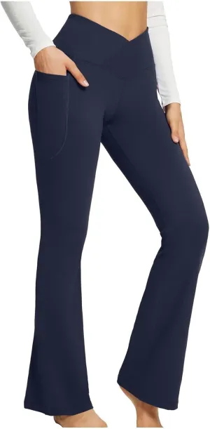 Flare Yoga Pants for Women V Neck High Waisted Tummy Control Pants Skinny Stretch Butt Lifting Pull on Pants with Pockets