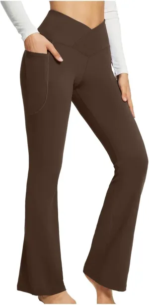 Flare Yoga Pants for Women V Neck High Waisted Tummy Control Pants Skinny Stretch Butt Lifting Pull on Pants with Pockets