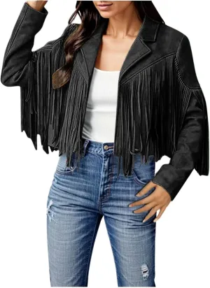 Fleece Jackets for Women Tassel Motorcycle Cropped Coats 2024 Zip Casual Outwear Quilt Faux Suede Leather Jackets