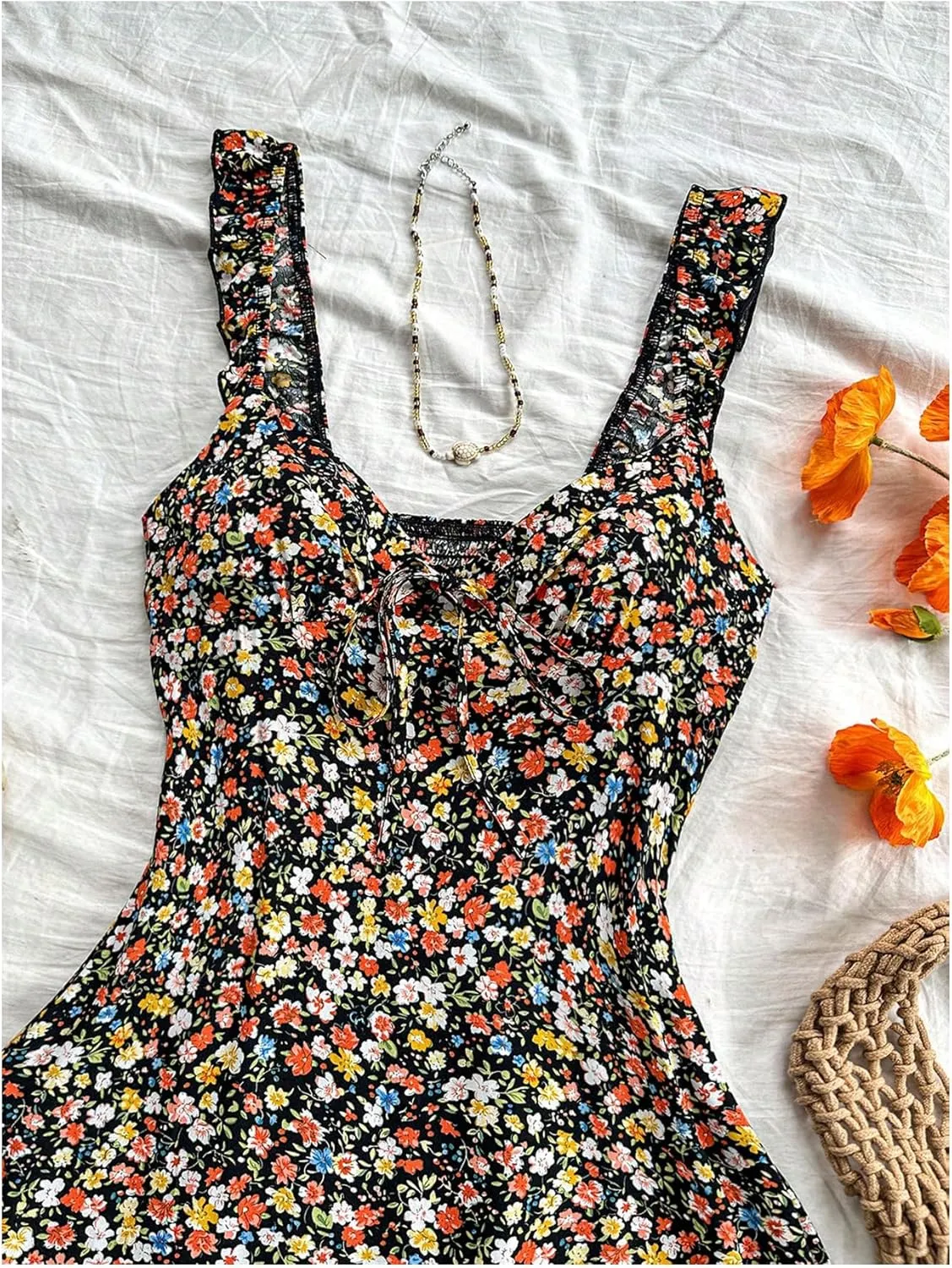 Floerns Women's Ditsy Floral Print Cami Dress Tie Front Vacation A Line Mini Dress