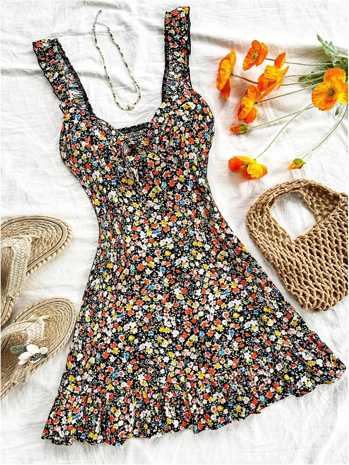 Floerns Women's Ditsy Floral Print Cami Dress Tie Front Vacation A Line Mini Dress
