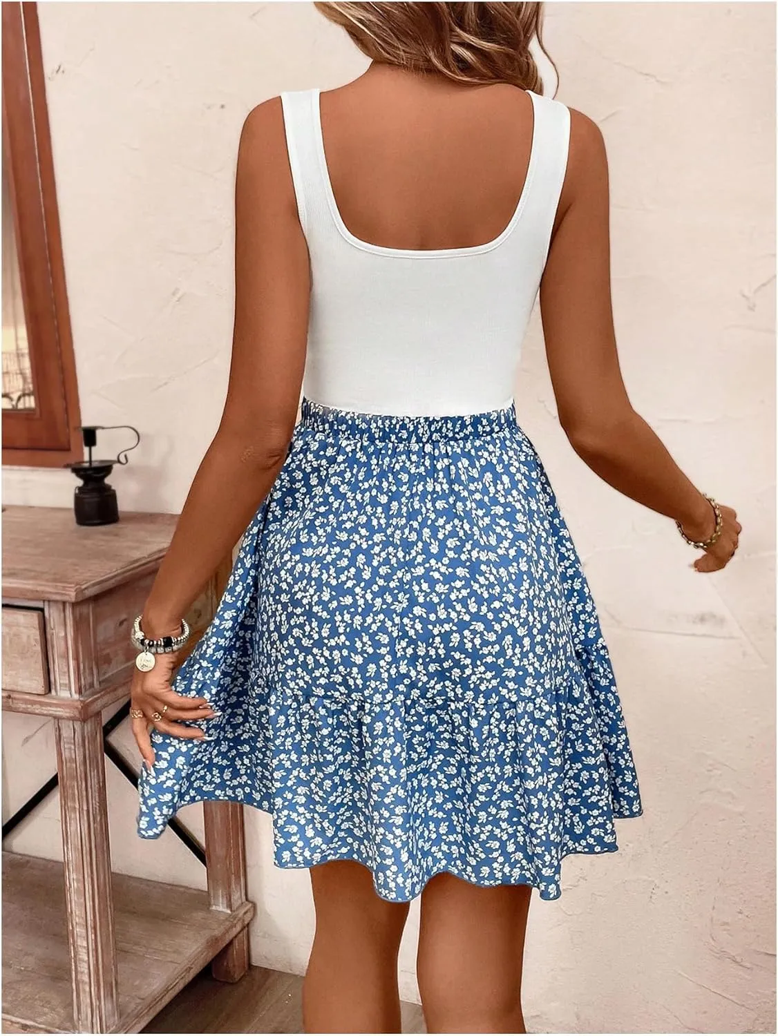 Floerns Women's Floral Sleeveless Tank Dress Ruffle Hem Summer A Line Mini Dress