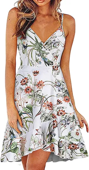 Floral Dress for Women Sexy V Neck Spaghetti Strap Mini Dress A Line High Waist Ruffle Hem Beach Dress Summer Dress