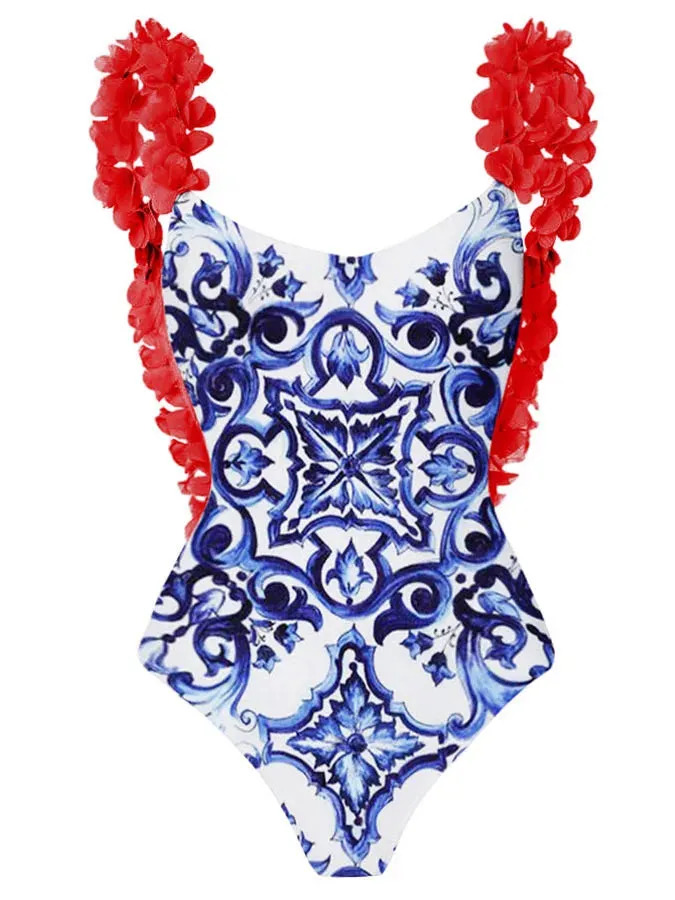 Floral Printed One Piece Retro Swimsuit Fashion Flower Strap Backless Sexy Slim Bikini Strap Beach Skirt High Waist Cut Swimwear