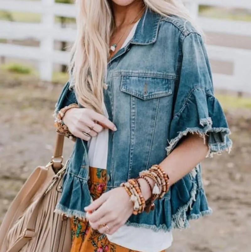 Fronage Women's 2024 Denim Jackets Ruffled Short Sleeve Jean Jackets Blue Raw Edge Button Down Denim Jacket